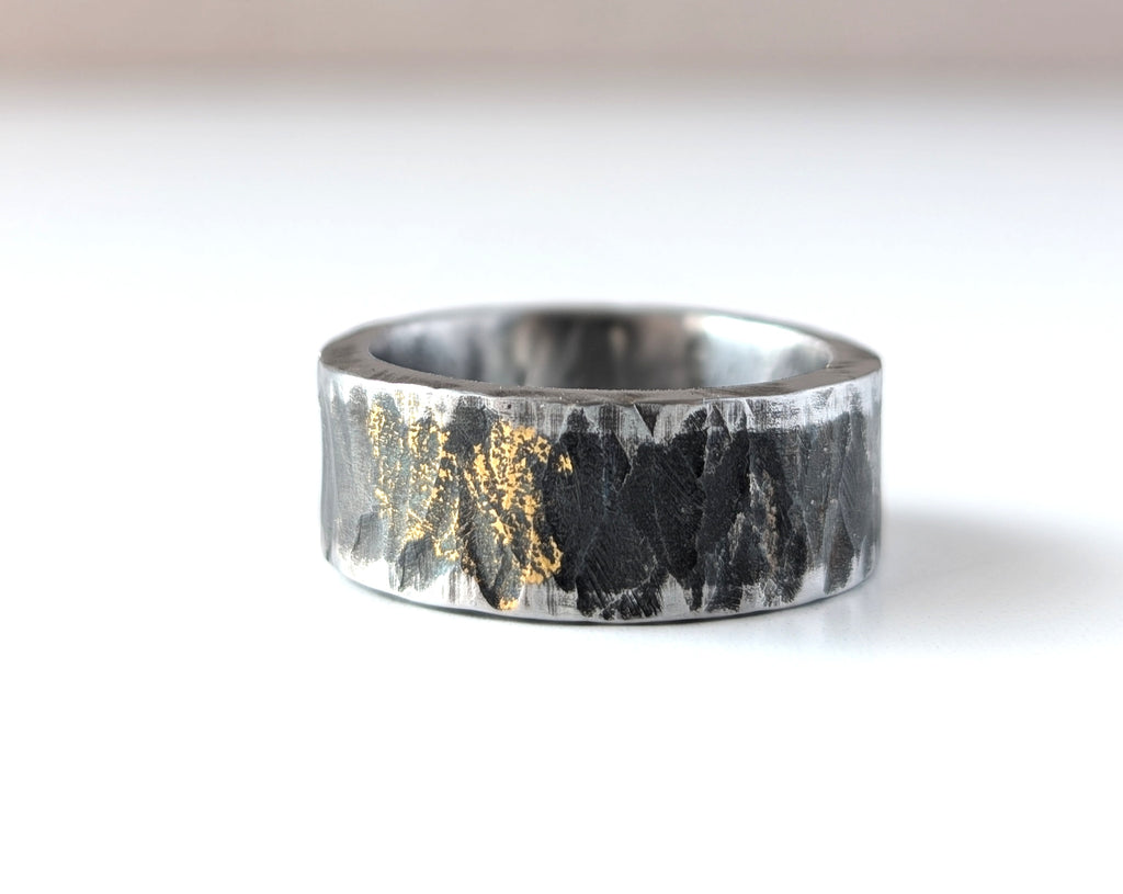 Archaic Distressed 24k Gold on Hammered Steel Band