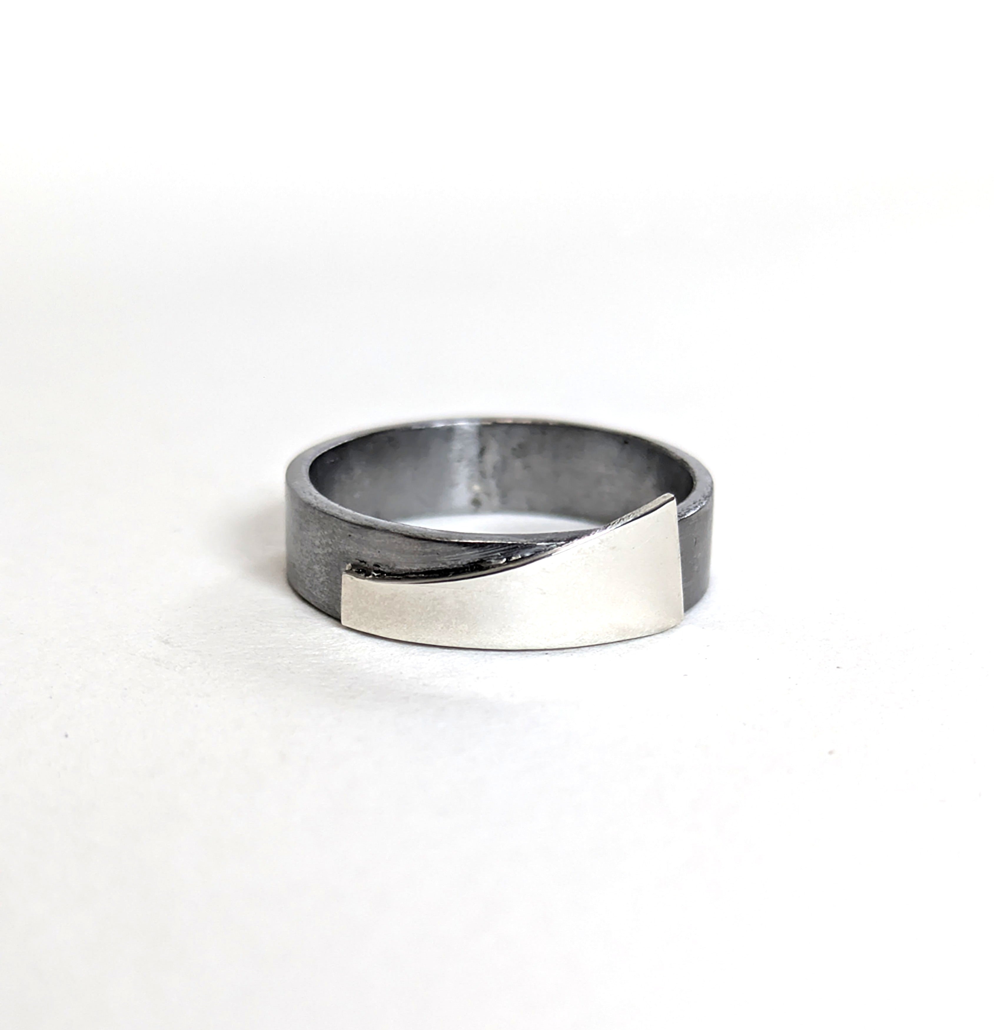 Modern Futurist Abstract Sterling Silver on Steel Band