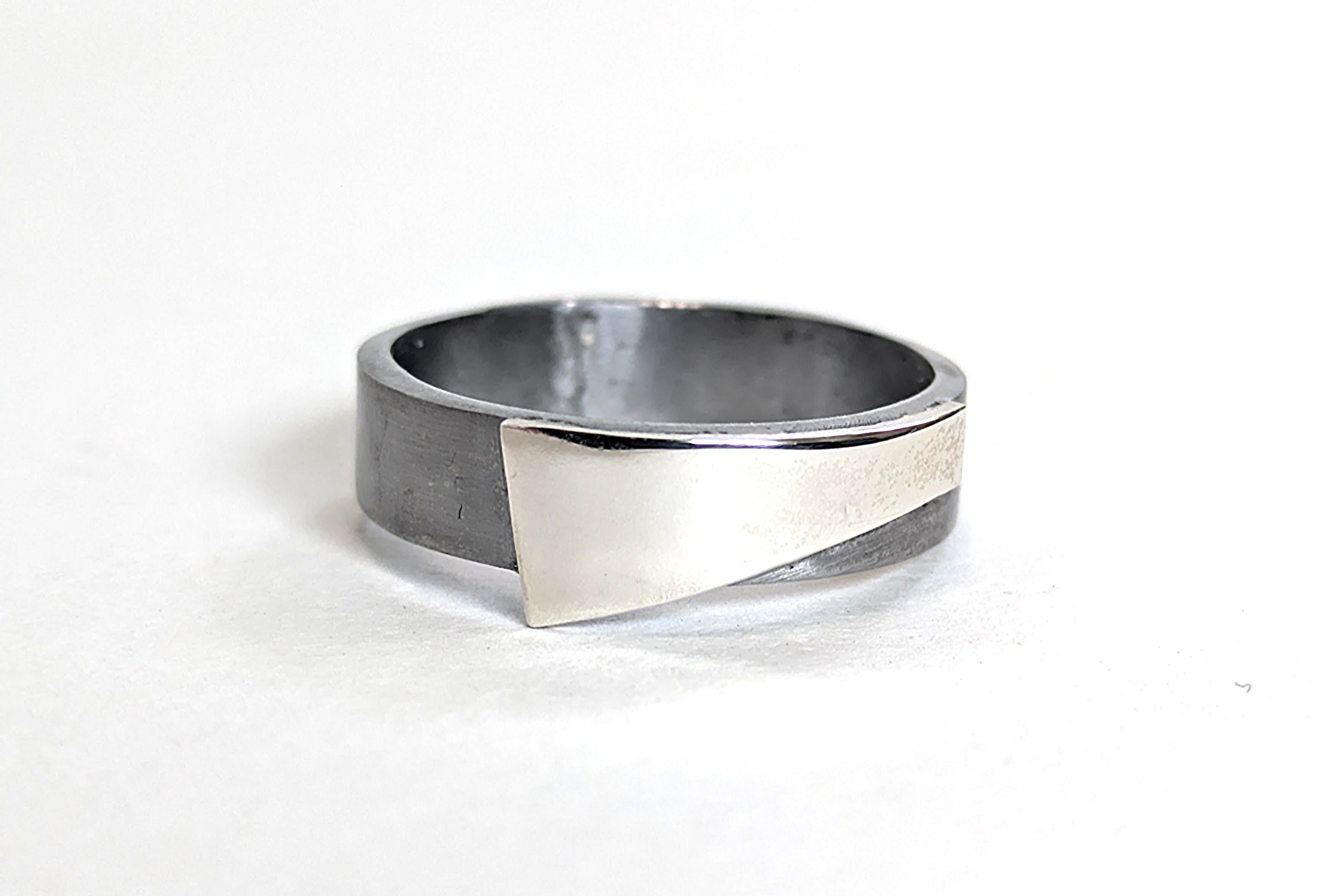 Modern Futurist Abstract Sterling Silver on Steel Band