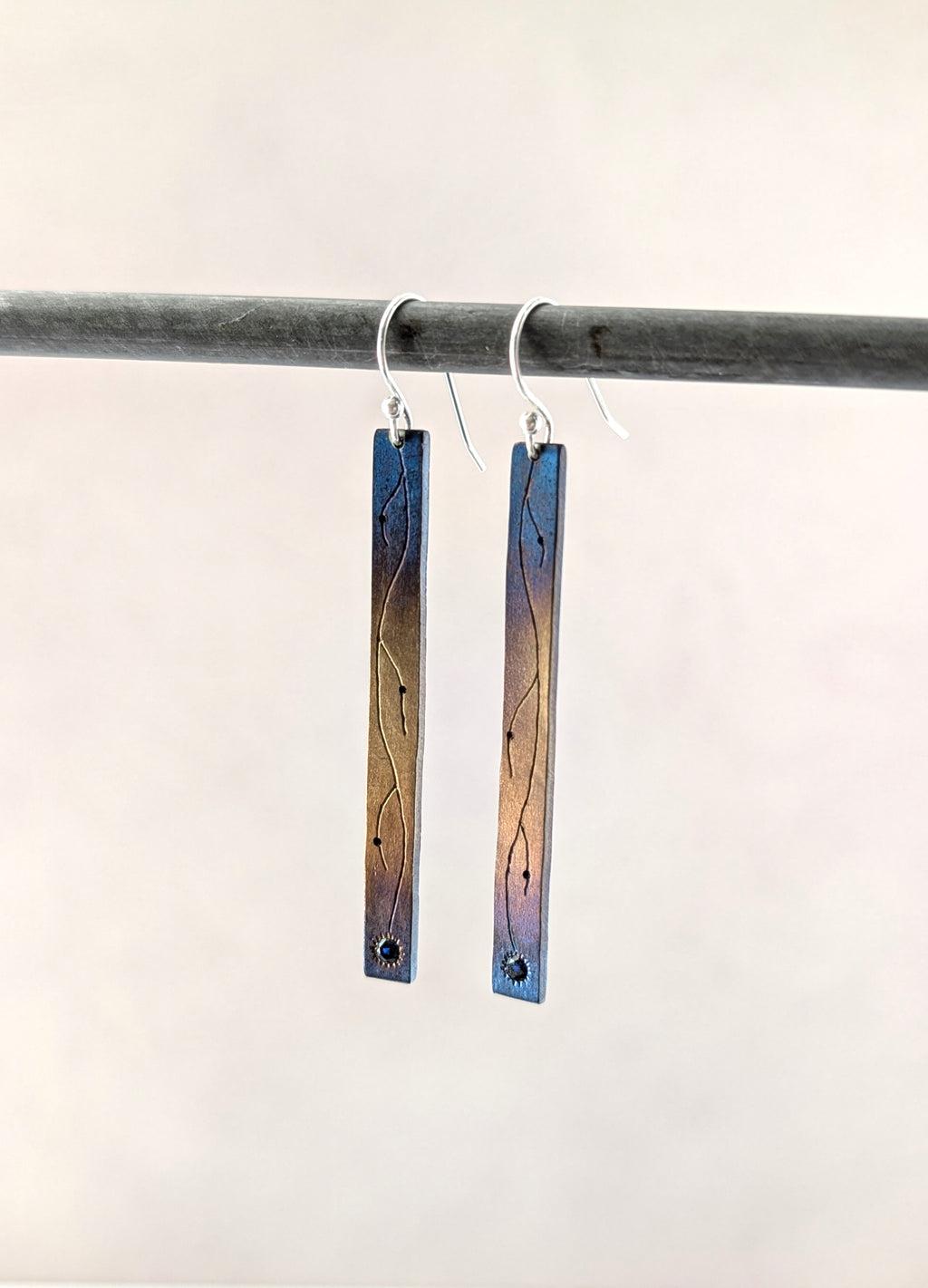 Flame Painted Sapphire Vine Flower Drop Earrings