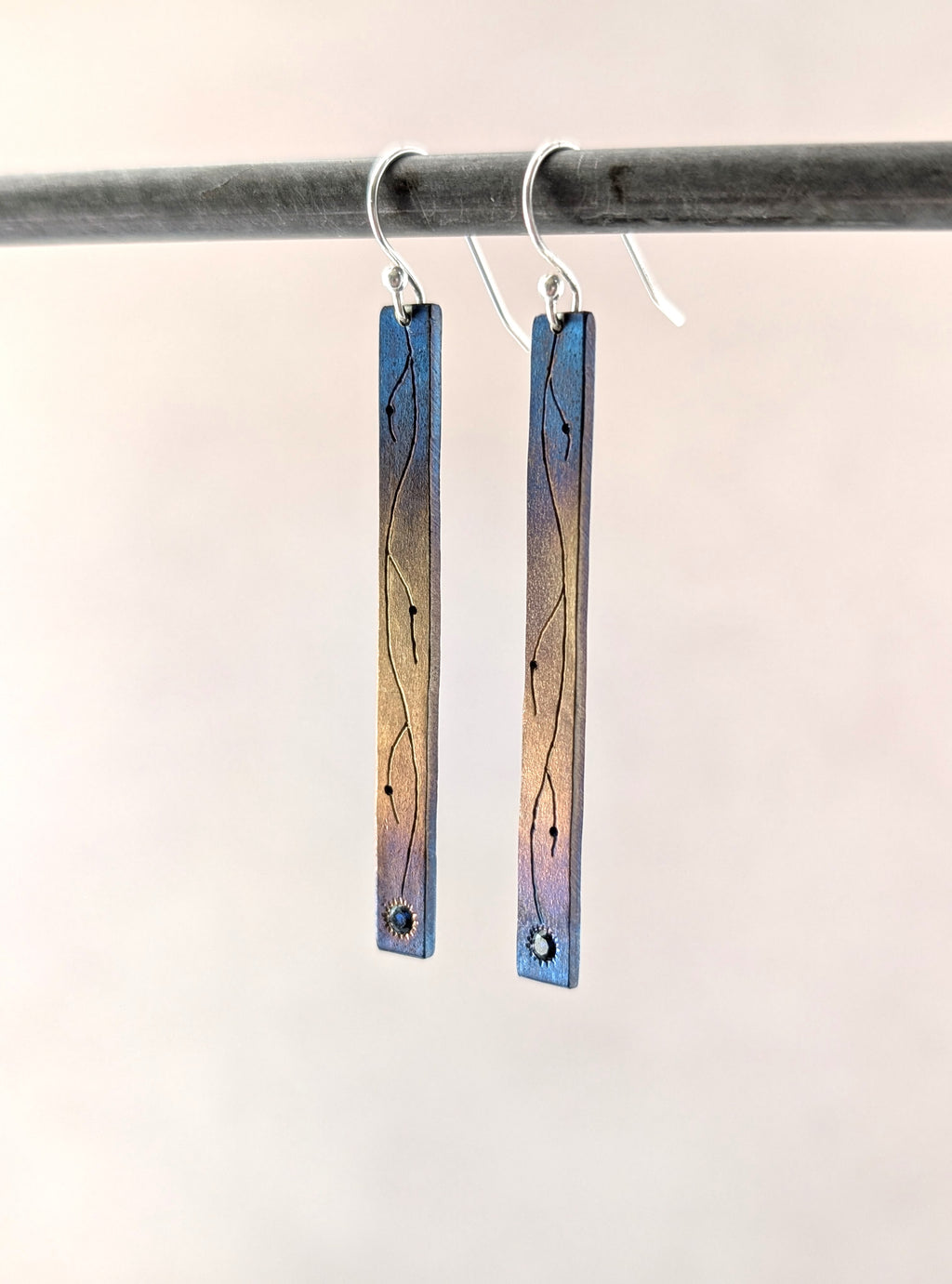 Flame Painted Sapphire Vine Flower Drop Earrings