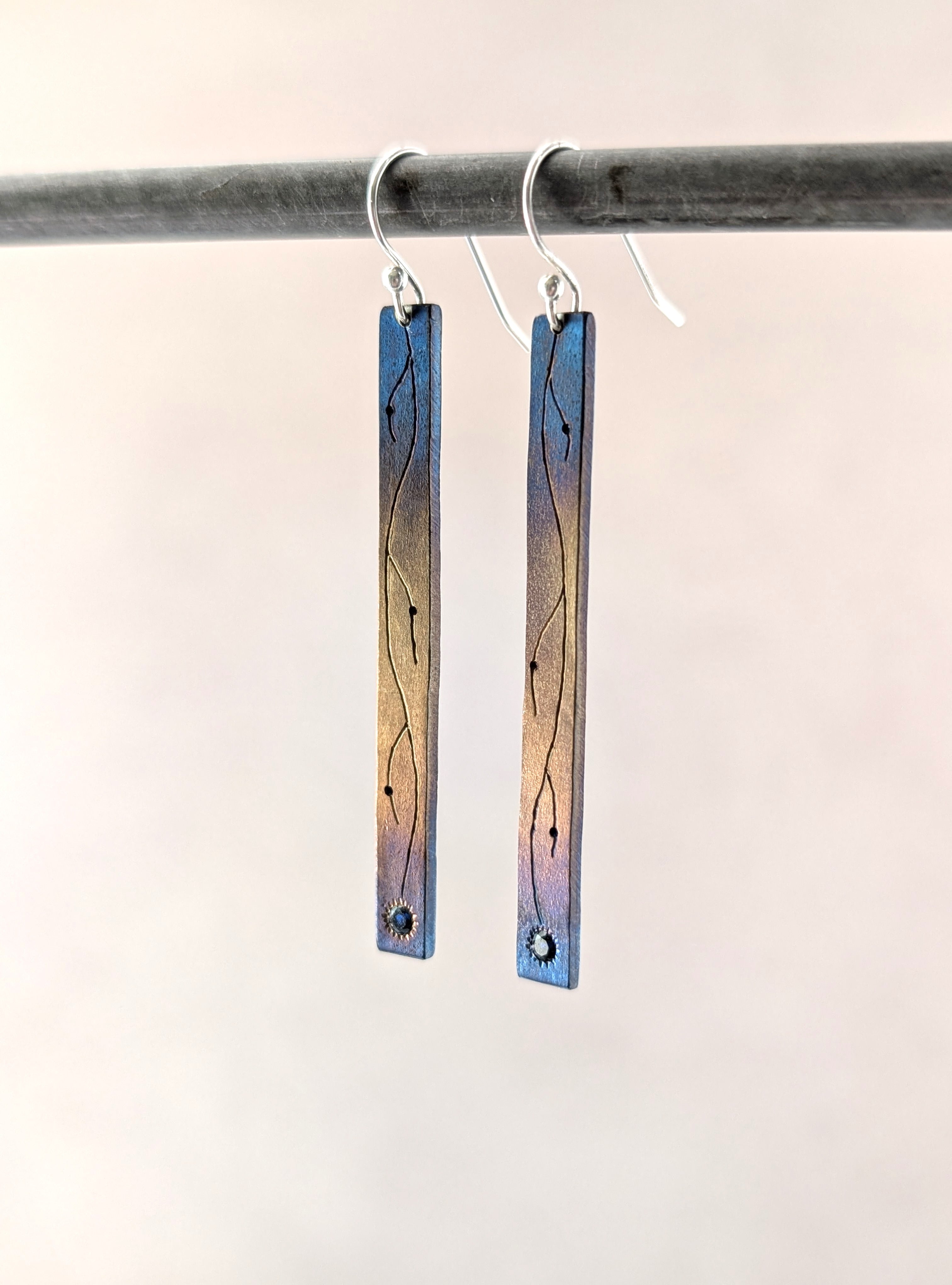 Flame Painted Sapphire Vine Flower Drop Earrings