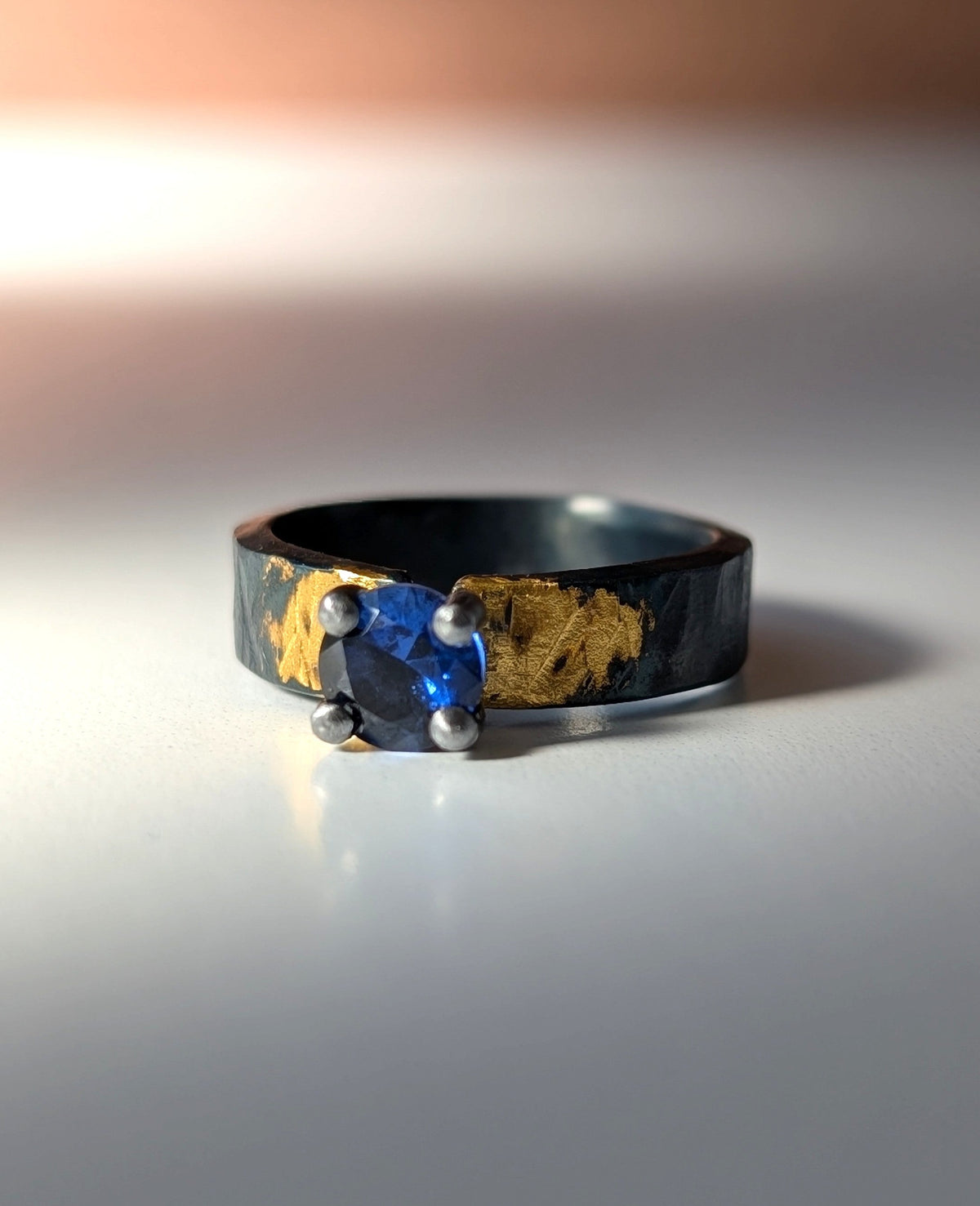 1ct Lab Sapphire Gilded Hammered Steel Band