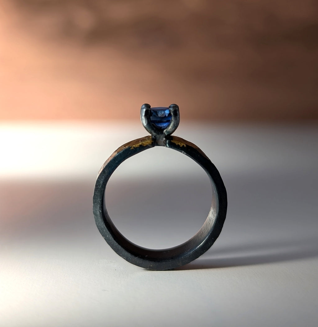 1ct Lab Sapphire Gilded Hammered Steel Band