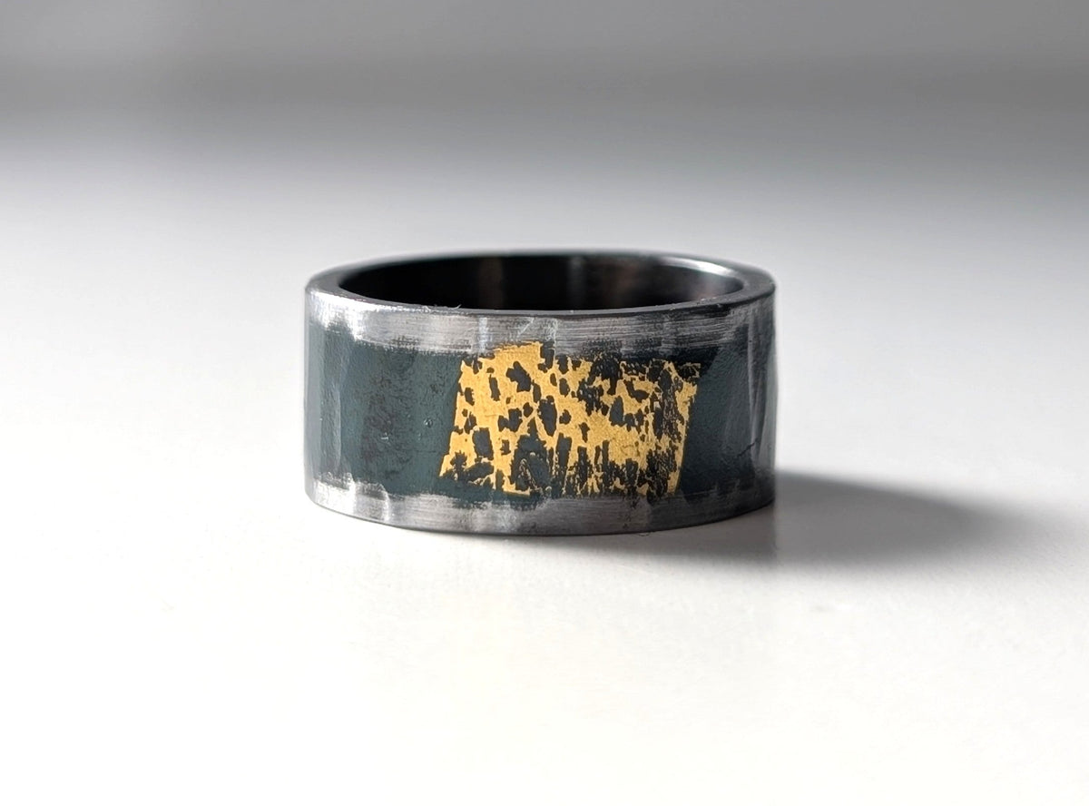 Distressed 24k Gold on Hammered Steel Band