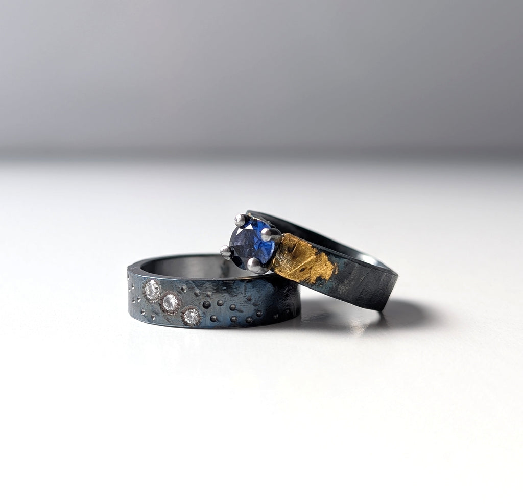 1ct Lab Sapphire Gilded Hammered Steel Band