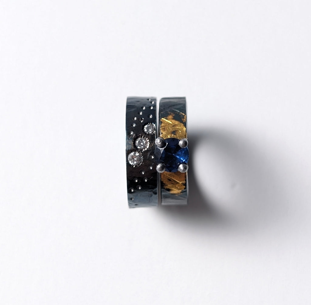 1ct Lab Sapphire Gilded Hammered Steel Band