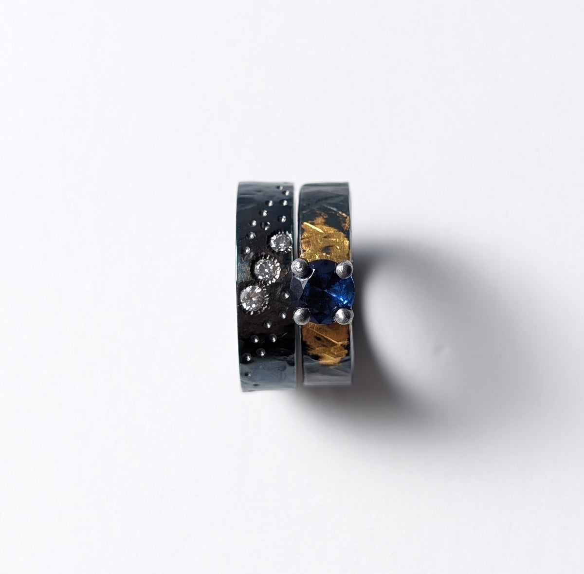 1ct Lab Sapphire Gilded Hammered Steel Band
