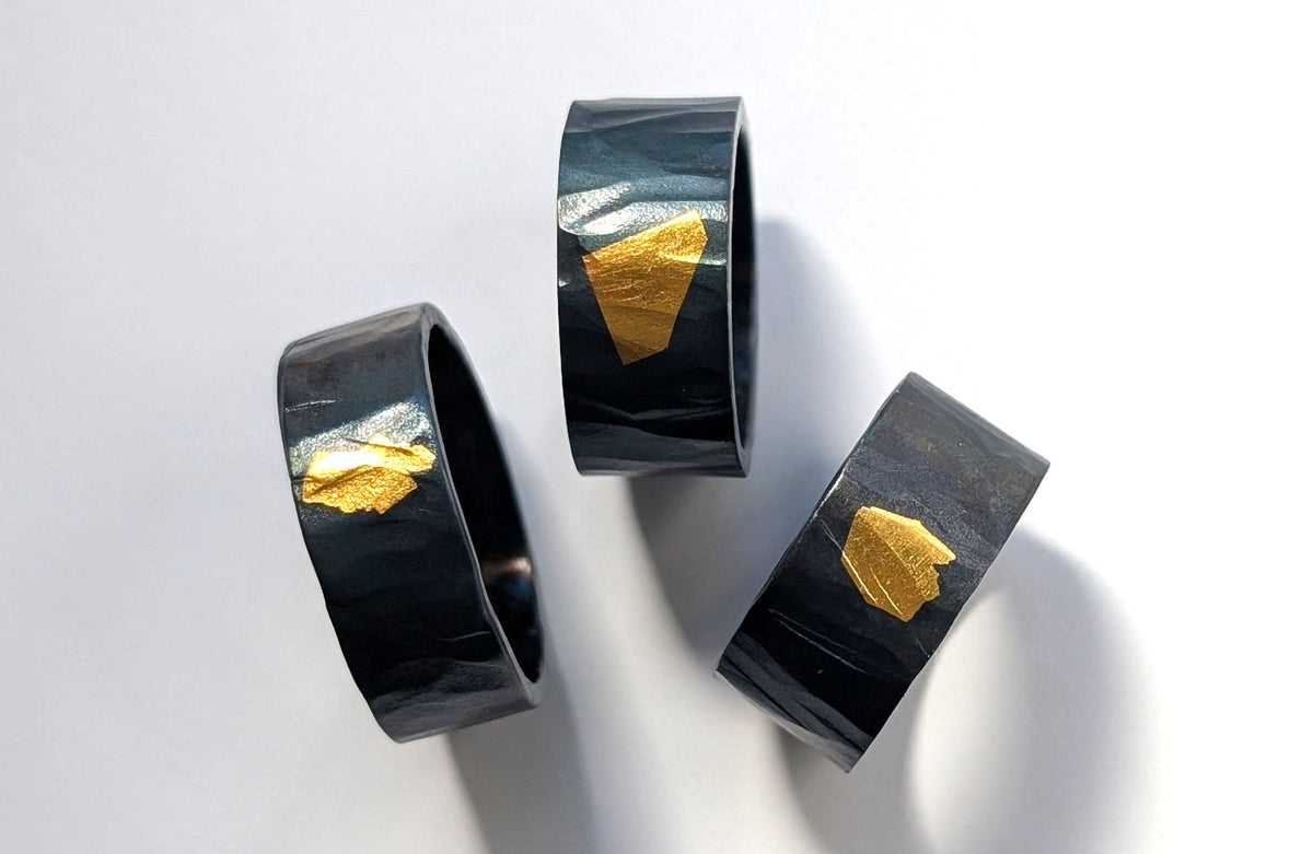 Abstract 24k Gold Gilded Hammered Steel Band